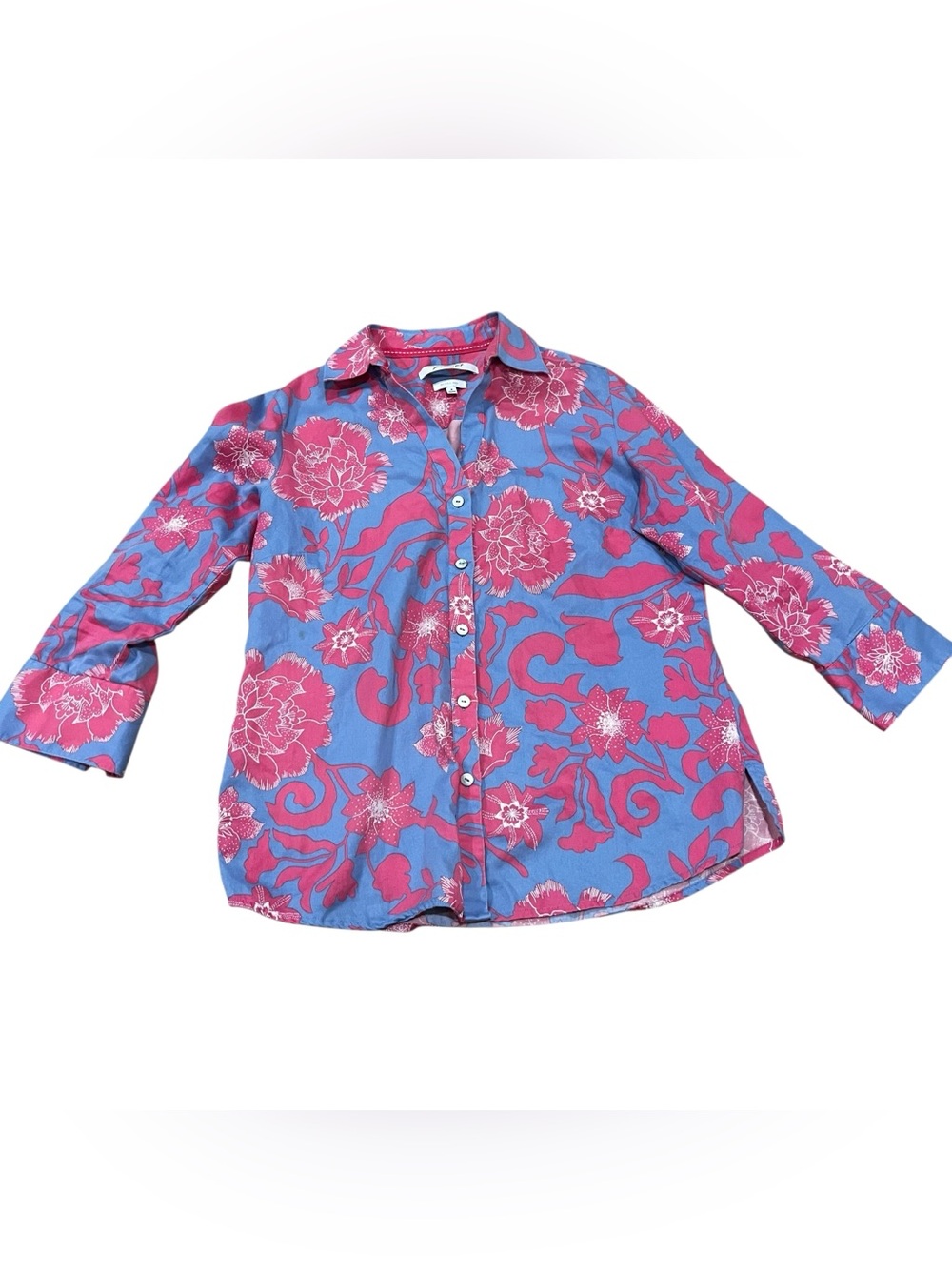 Foxcroft wrinkle free pink blue floral l/s front shirt blouse 100% cotton 4